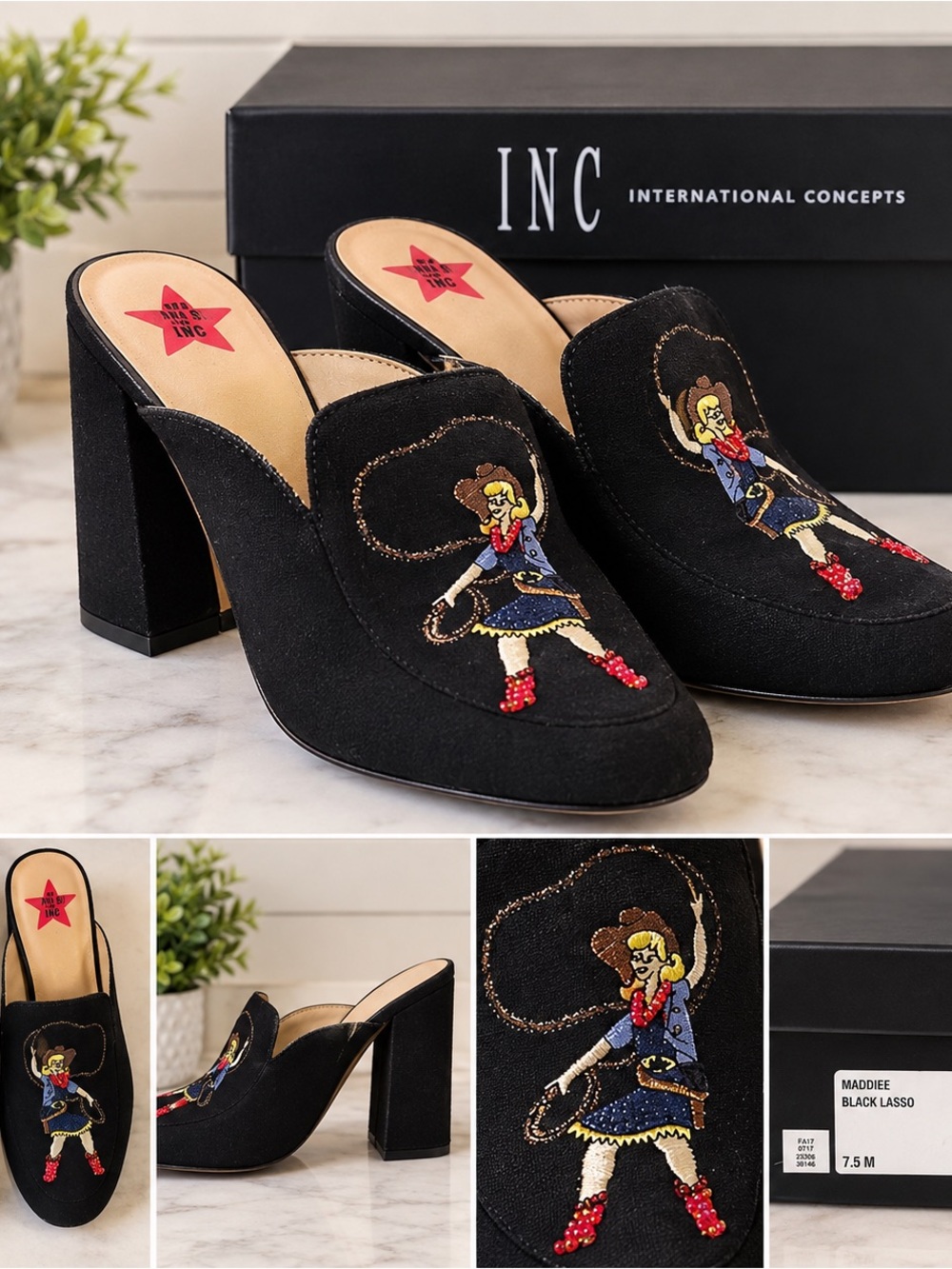 INC International Concepts Black Embroidered Cowgirl Lasso Mule Heels